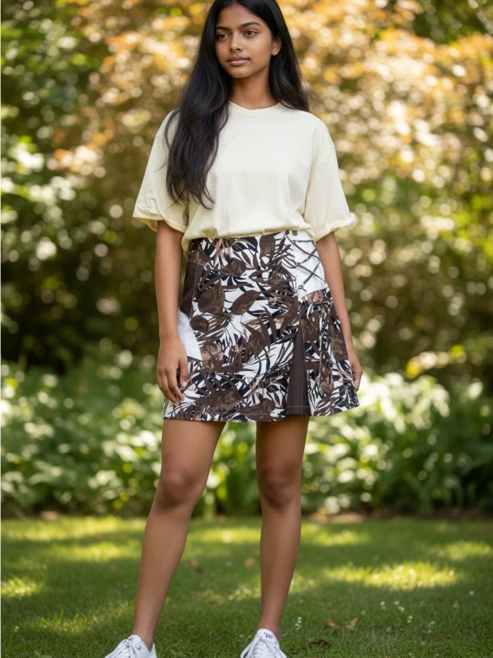 JANE & JOHN Women’s Floral Patchwork A-Line Skirt - Brown & White size medium